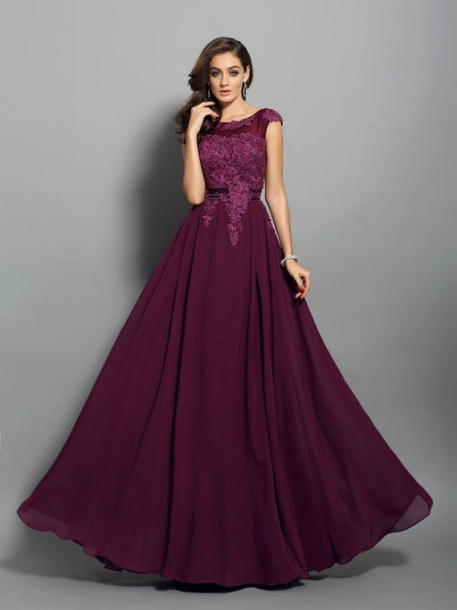 A-Line/Princess Scoop Applique Sleeveless Long Chiffon Dresses - Prom Dresses