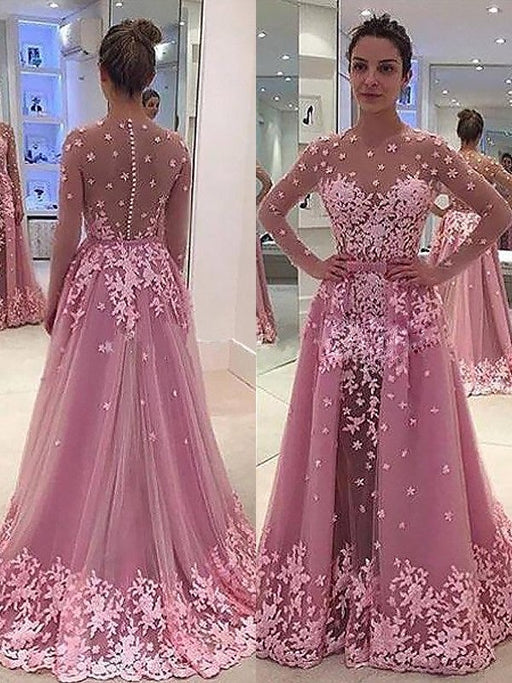 A-Line/Princess Scoop Long Sleeves Applique Tulle Floor-Length Dresses - Prom Dresses
