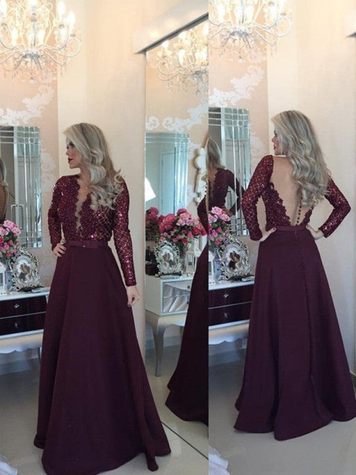 A-Line/Princess Scoop Long Sleeves Sequin Floor-Length Satin Dresses - Prom Dresses
