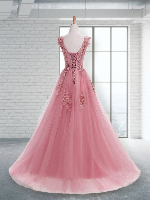 A-Line/Princess Scoop Sleeveless Sweep/Brush Train Applique Tulle Dresses - Prom Dresses