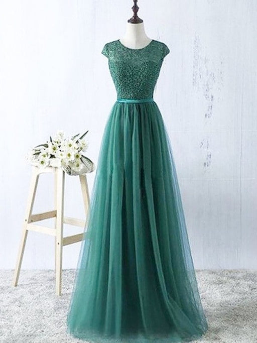 A-Line/Princess Scoop Sleeveless Tulle Floor-Length Dresses - Prom Dresses