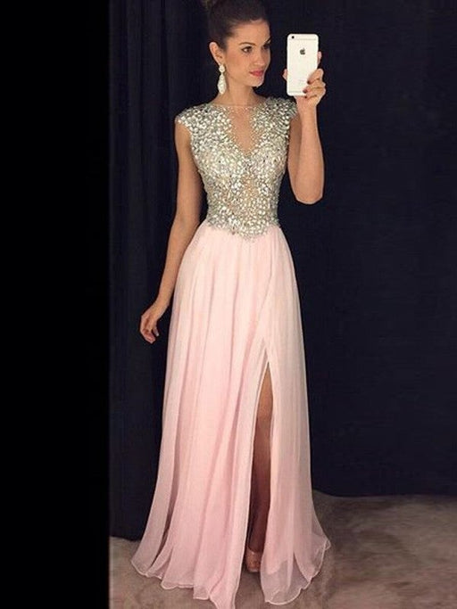 A-Line/Princess Sleeveless Bateau Chiffon Sequin Floor-Length Dresses - Prom Dresses