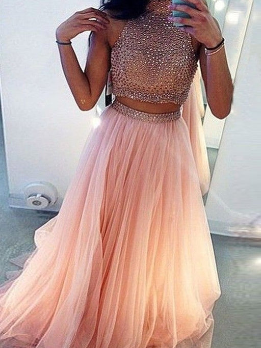 A-Line/Princess Sleeveless High Neck Tulle Beading Sweep/Brush Train Two Piece Dresses - Prom Dresses