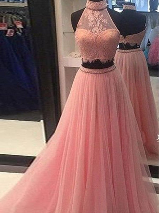 A-Line/Princess Sleeveless High Neck Tulle Lace Floor-Length Two Piece Dresses - Prom Dresses