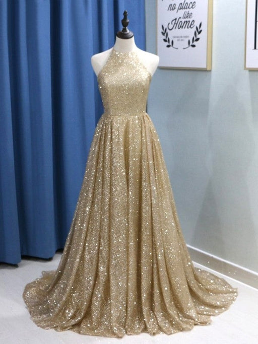 A-Line/Princess Sleeveless Jewel Sweep/Brush Train Ruffles Sequins Dresses - Prom Dresses