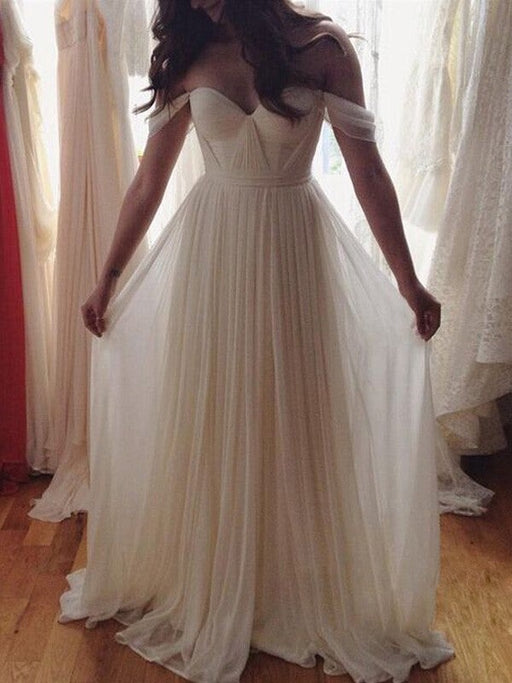 A-Line/Princess Sleeveless Off-the-Shoulder Beading Floor-Length Chiffon Dresses - Prom Dresses