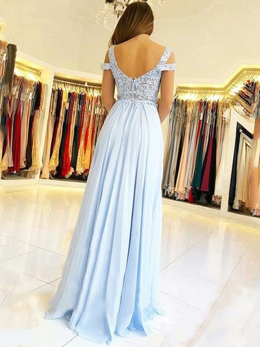 A-Line/Princess Sleeveless Off-the-Shoulder Floor-Length Applique Chiffon Dresses - Prom Dresses