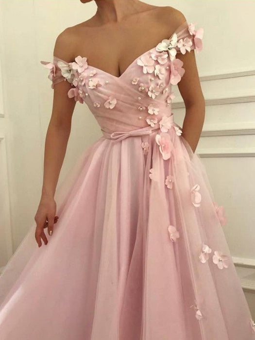 A-Line/Princess Sleeveless Off-the-Shoulder Floor-Length Applique Tulle Dresses - Prom Dresses