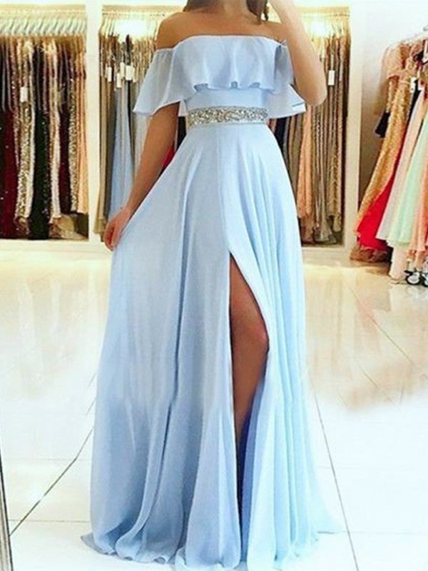 A-Line/Princess Sleeveless Off-the-Shoulder Floor-Length Beading Chiffon Dresses - Prom Dresses
