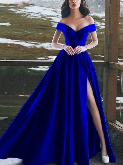 A-Line/Princess Sleeveless Off-the-Shoulder Floor-Length Ruffles Satin Dresses - Prom Dresses