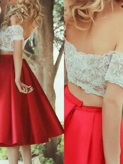A-Line/Princess Sleeveless Off-the-Shoulder Satin Lace Knee-Length Two Piece Dresses - Prom Dresses