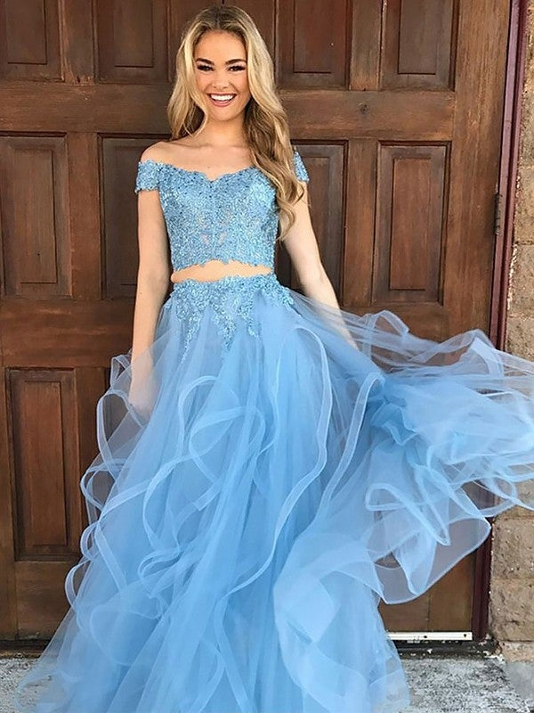 A-Line/Princess Sleeveless Off-the-Shoulder Tulle Applique Floor-Length Two Piece Dresses - Prom Dresses