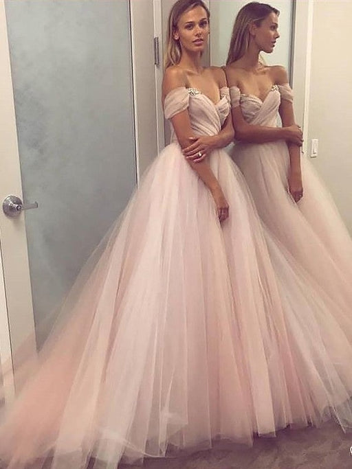 A-Line/Princess Sleeveless Off-the-Shoulder Tulle Beading Sweep/Brush Train Dresses - Prom Dresses