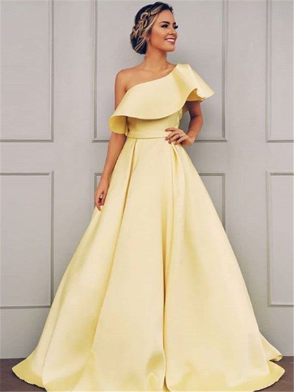 A-Line/Princess Sleeveless One-Shoulder Floor-Length Ruffles Satin Dresses - Prom Dresses