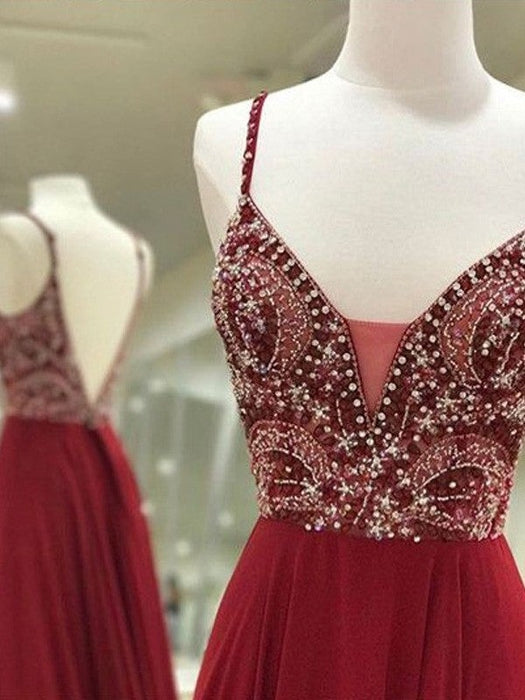A-Line/Princess Sleeveless Spaghetti Straps Chiffon Floor-Length Beading Dresses - Prom Dresses