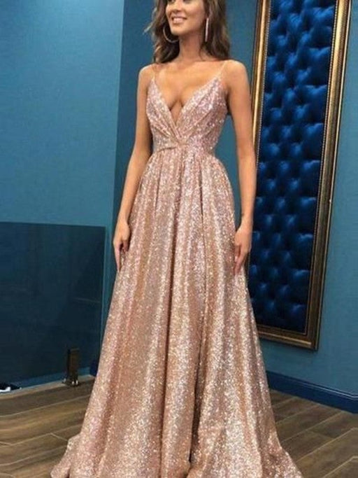A-Line/Princess Sleeveless Spaghetti Straps Floor-Length Sequins Dresses - Prom Dresses
