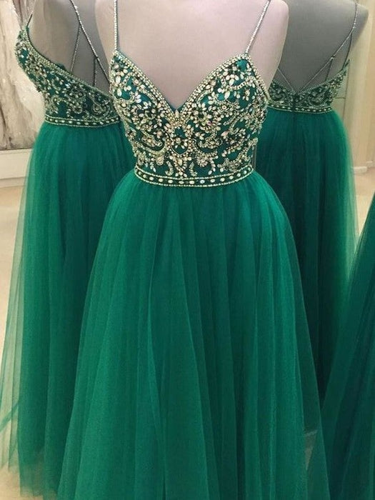 A-Line/Princess Sleeveless Spaghetti Straps Tulle Floor-Length Beading Dresses - Prom Dresses