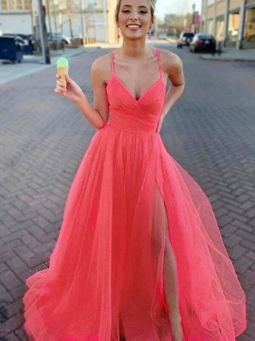 A-Line/Princess Sleeveless Tulle V-neck Ruched Sweep/Brush Train Dresses - Prom Dresses