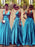 A-Line/Princess Sleeveless V-neck Elastic Woven Satin Ruched Floor-Length Dresses - Prom Dresses