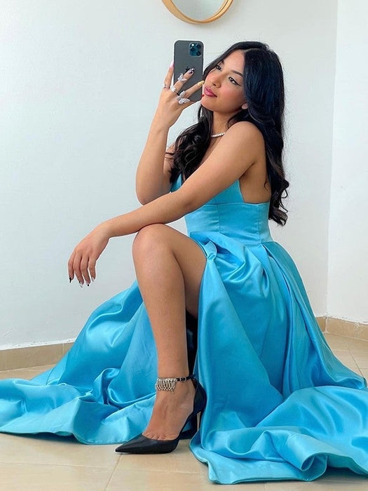 A-Line/Princess Spaghetti Straps Satin Sleeveless Ruffles Floor-Length Dresses - Prom Dresses