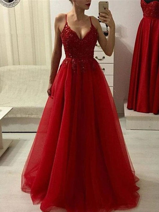 A-Line/Princess Spaghetti Straps Sleeveless Floor-Length Applique Tulle Dresses - Prom Dresses