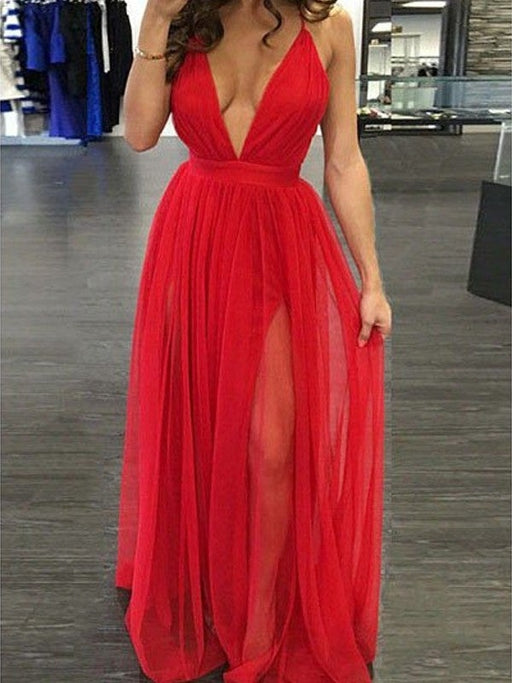 A-Line/Princess Spaghetti Straps Sleeveless Floor-Length Chiffon Dresses - Prom Dresses