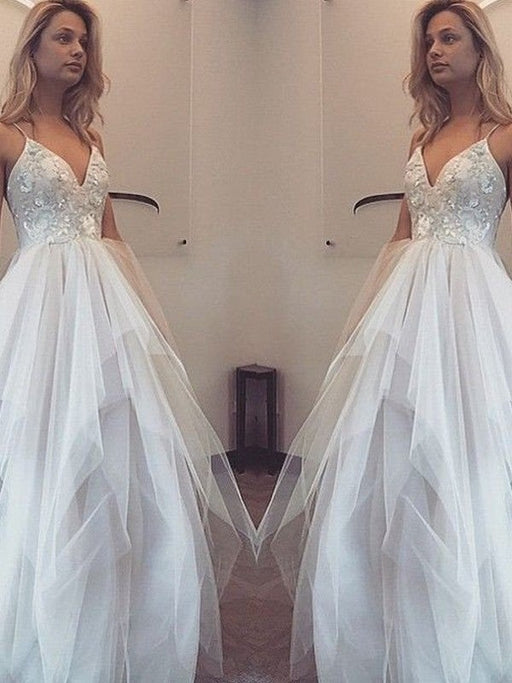 A-Line/Princess Spaghetti Straps Sleeveless Floor-Length Tulle Dresses - Prom Dresses