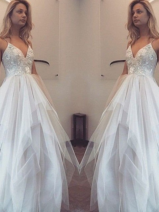 A-Line/Princess Spaghetti Straps Sleeveless Floor-Length Tulle Dresses - Prom Dresses