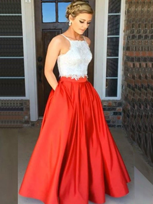 A-Line/Princess Spaghetti Straps Sleeveless Satin Floor-Length Lace Two Piece Dresses - Prom Dresses