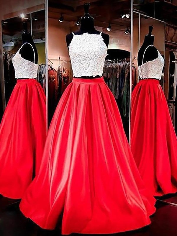A-Line/Princess Spaghetti Straps Sleeveless Satin Floor-Length Lace Two Piece Dresses - Prom Dresses