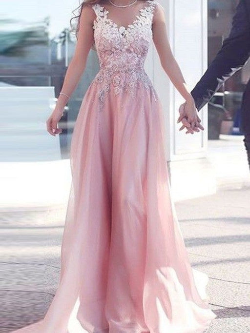 A-Line/Princess Sweetheart Sleeveless Floor-Length Applique Chiffon Dresses - Prom Dresses