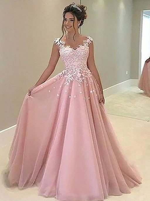 A-Line/Princess Sweetheart Sleeveless Floor-Length Applique Tulle Dresses - Prom Dresses