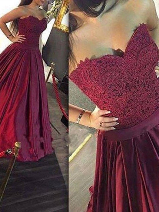A-Line/Princess Sweetheart Sleeveless Lace Satin Floor-Length Dresses - Prom Dresses