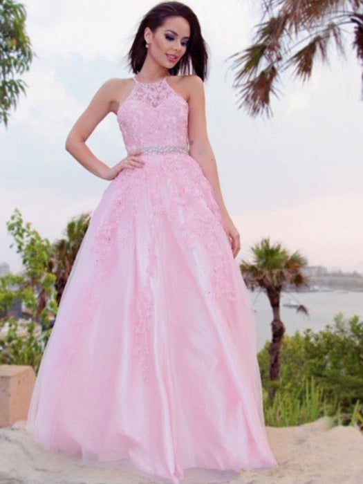 A-Line/Princess Tulle Applique Halter Sleeveless Floor-Length Dresses - Prom Dresses