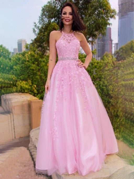 A-Line/Princess Tulle Applique Halter Sleeveless Floor-Length Dresses - Prom Dresses