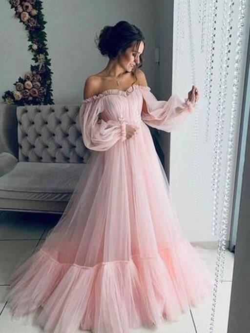 A-Line/Princess Tulle Applique Off-the-Shoulder Long Sleeves Floor-Length Dresses - Prom Dresses