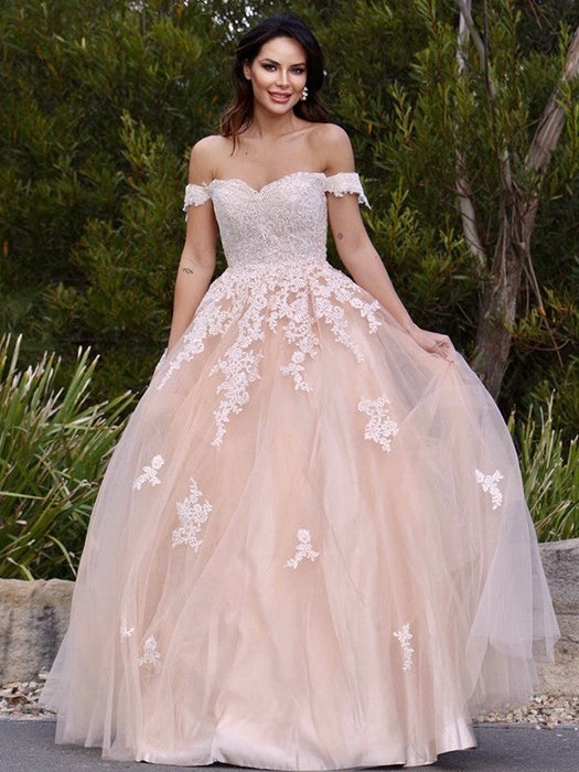 A-Line/Princess Tulle Applique Off-the-Shoulder Sleeveless Floor-Length Dresses - Prom Dresses
