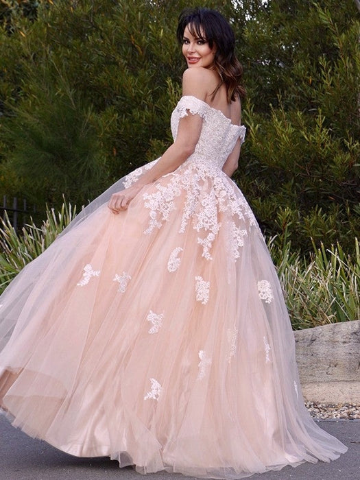 A-Line/Princess Tulle Applique Off-the-Shoulder Sleeveless Floor-Length Dresses - Prom Dresses