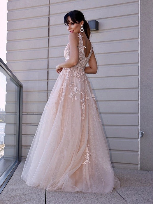 A-Line/Princess Tulle Applique Scoop Sleeveless Sweep/Brush Train Dresses - Prom Dresses