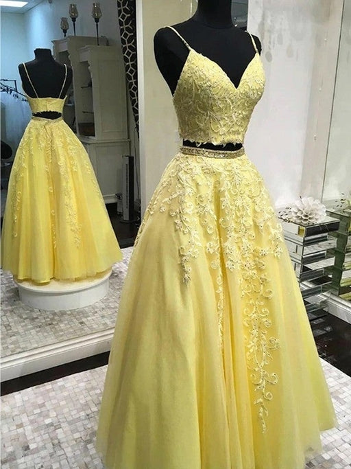 A-Line/Princess Tulle Applique Sleeveless V-neck Floor-Length Two Piece Dresses - Prom Dresses