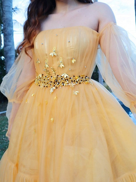 A-Line/Princess Tulle Beading Off-the-Shoulder Long Sleeves Floor-Length Dresses - Prom Dresses