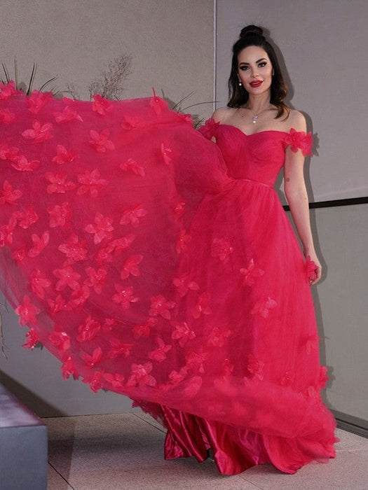 A-Line/Princess Tulle Hand-Made Flower Off-the-Shoulder Sleeveless Floor-Length Dresses - Prom Dresses