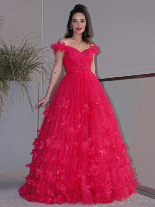 A-Line/Princess Tulle Hand-Made Flower Off-the-Shoulder Sleeveless Floor-Length Dresses - Prom Dresses