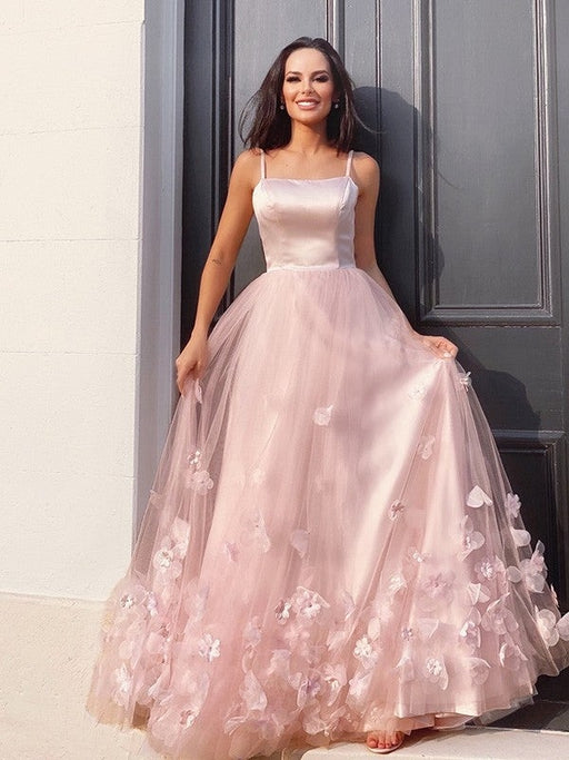 A-Line/Princess Tulle Hand-Made Flower Straps Floor-Length Sleeveless Dresses - Prom Dresses