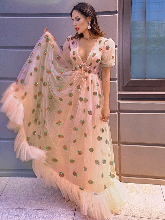 A-Line/Princess Tulle Ruffles V-neck Short Sleeves Floor-Length Dresses - Prom Dresses