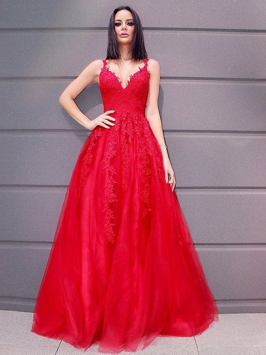 A-Line/Princess Tulle V-neck Floor-Length Applique Sleeveless Dresses - Prom Dresses