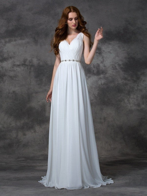 A-line/Princess V-neck Beading Sleeveless Long Chiffon Dresses - Prom Dresses