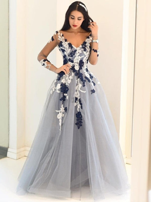 A-Line/Princess V-Neck Long Sleeves Applique Tulle Floor-Length Dresses - Prom Dresses