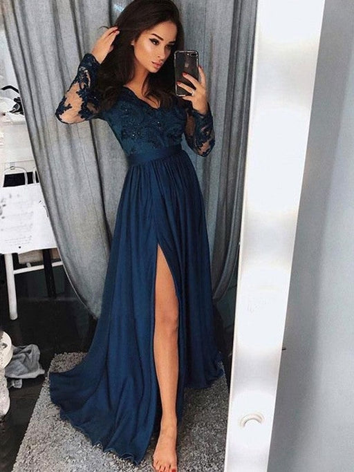 A-Line/Princess V-neck Long Sleeves Sweep/Brush Train Applique Ruched Satin Chiffon Dresses - Prom Dresses