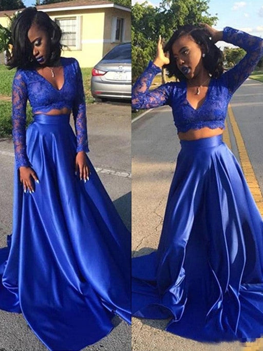 A-Line/Princess V-neck Long Sleeves Sweep/Brush Train Lace Satin Two Piece Dresses - Prom Dresses